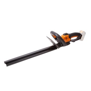 Akumulatorowe nożyce do żywopłotu t.b.t., pomarańczowo-czarne, z osłoną.