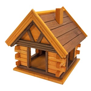 Drewniany karmnik dla ptaków w stylu chaty z bali, brązowy dach. Kategoria: Karmniki dla ptaków.