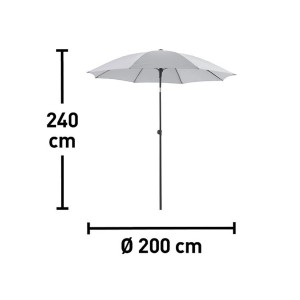 Szary parasol balkonowy o wymiarach: 240 cm wysokości, Ø 200 cm.