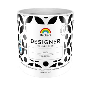Białe wiadro z farbą Beckers Designer Collection do ścian wewnętrznych.