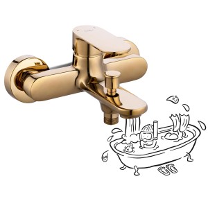 Złota bateria wannowa t.b.t. z wypływem wody i ilustracją wanny.