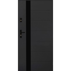 Czarne drzwi zewnętrzne z poziomymi liniami i klamką.