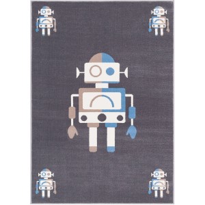Dywan z krótkim włosiem z motywem robota w kolorze szarym, niebieskim i beżowym.