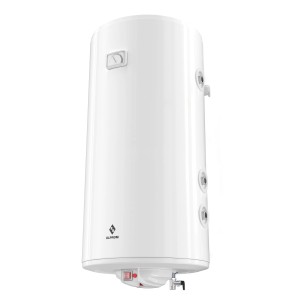 Biały, cylindryczny bojler z wyświetlaczem temperatury i kranem.