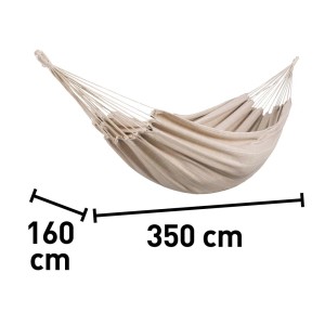 Beżowy hamak ze sznurkami i wymiarami (160 x 350 cm) do ogrodu.