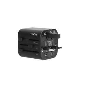 Czarny adapter podróżny t.b.t. do różnych typów gniazdek.