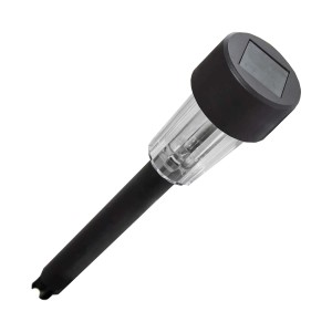 Czarna lampa solarna do ścieżek z przezroczystym kloszem i szpikulcem.