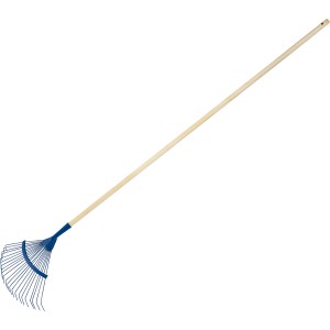 Grabie wachlarzowe Lux Comfort z okrągłymi zębami i drewnianym trzonkiem do grabienia liści i trawy.