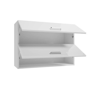 Biała szafka wisząca z dwoma otwieranymi klapami, część zestawu mebli kuchennych.