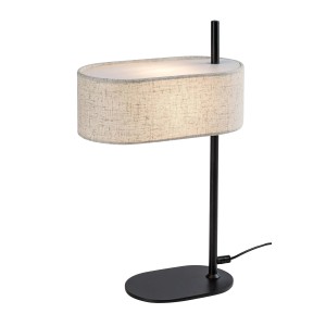 Nowoczesna lampa stołowa t.b.t. z abażurem z tkaniny i czarną podstawą do nastrojowego oświetlenia.