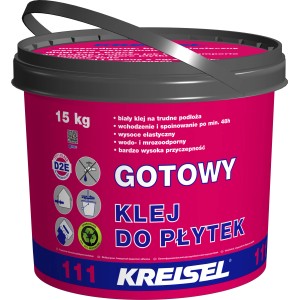 Wiadro gotowego kleju do płytek, 15 kg, na trudne podłoża, wodoodporny i mrozoodporny.