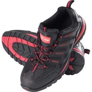 Czarne buty robocze t.b.t. z czerwonymi akcentami i sznurowadłami.