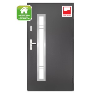 Szare drzwi zewnętrzne z wąską wstawką szklaną i srebrną klamką.