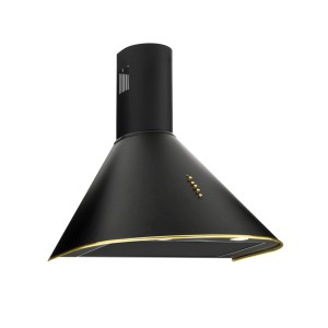 Czarny okap ścienny t.b.t. z złotymi akcentami do kuchni.