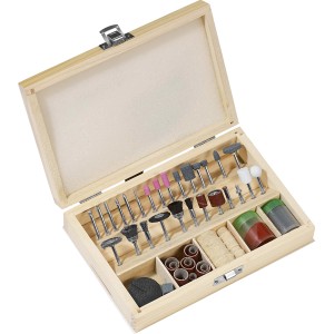 100-częściowy zestaw mini narzędzi w drewnianym pudełku: Akcesoria do szlifowania, polerowania i cięcia dla narzędzi miniaturowych.