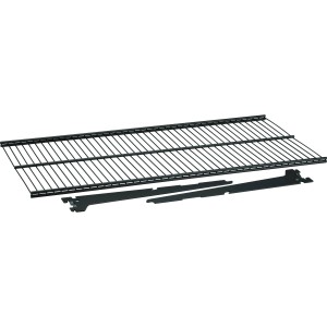 Czarna metalowa półka z siatki drucianej (60x33x7,2cm) z uchwytami do montażu na ścianie.