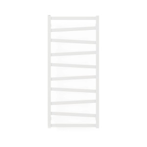 Biały grzejnik t.b.t. z poziomymi szczeblami. Nowoczesny design do łazienki i salonu.