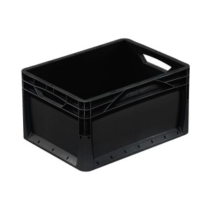 Czarny Eurobox 40x30x22 cm z pełnymi ściankami, plastikowy pojemnik do przechowywania i transportu.