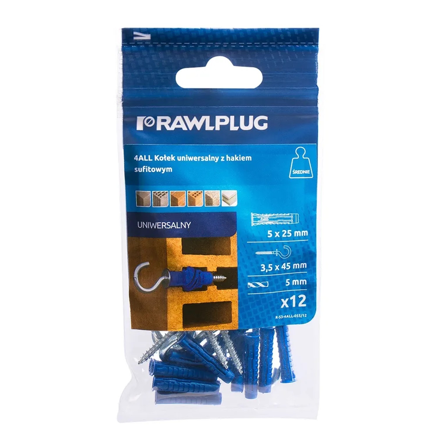 Rawlplug Kołek 4All uniwersalny 5x25mm hak otwarty 12szt.