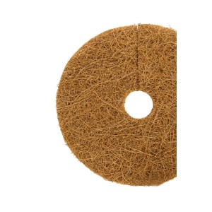 Okrągła mata kokosowa do roślin, brązowa, z otworem w środku.