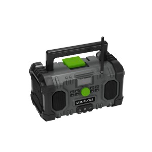 Szaro-czarne radio budowlane LUX-TOOLS z anteną i zielonym przyciskiem.