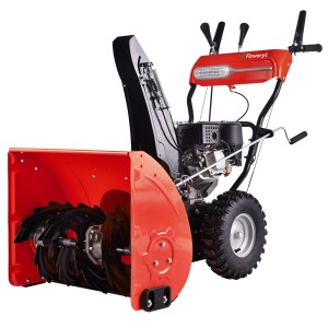 Pomarańczowy odśnieżarka spalinowa t.b.t. z oponami z grubym bieżnikiem.