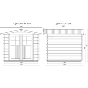 Rysunek techniczny: t.b.t. domek drewniany z wymiarami widoku z przodu i z boku.