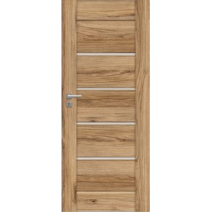 Nowoczesne drzwi wewnętrzne z efektem drewna i poziomymi wstawkami szklanymi.