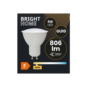 Biała żarówka LED GU10, 8W, 806 lumenów, 3000K, do użytku wewnętrznego.
