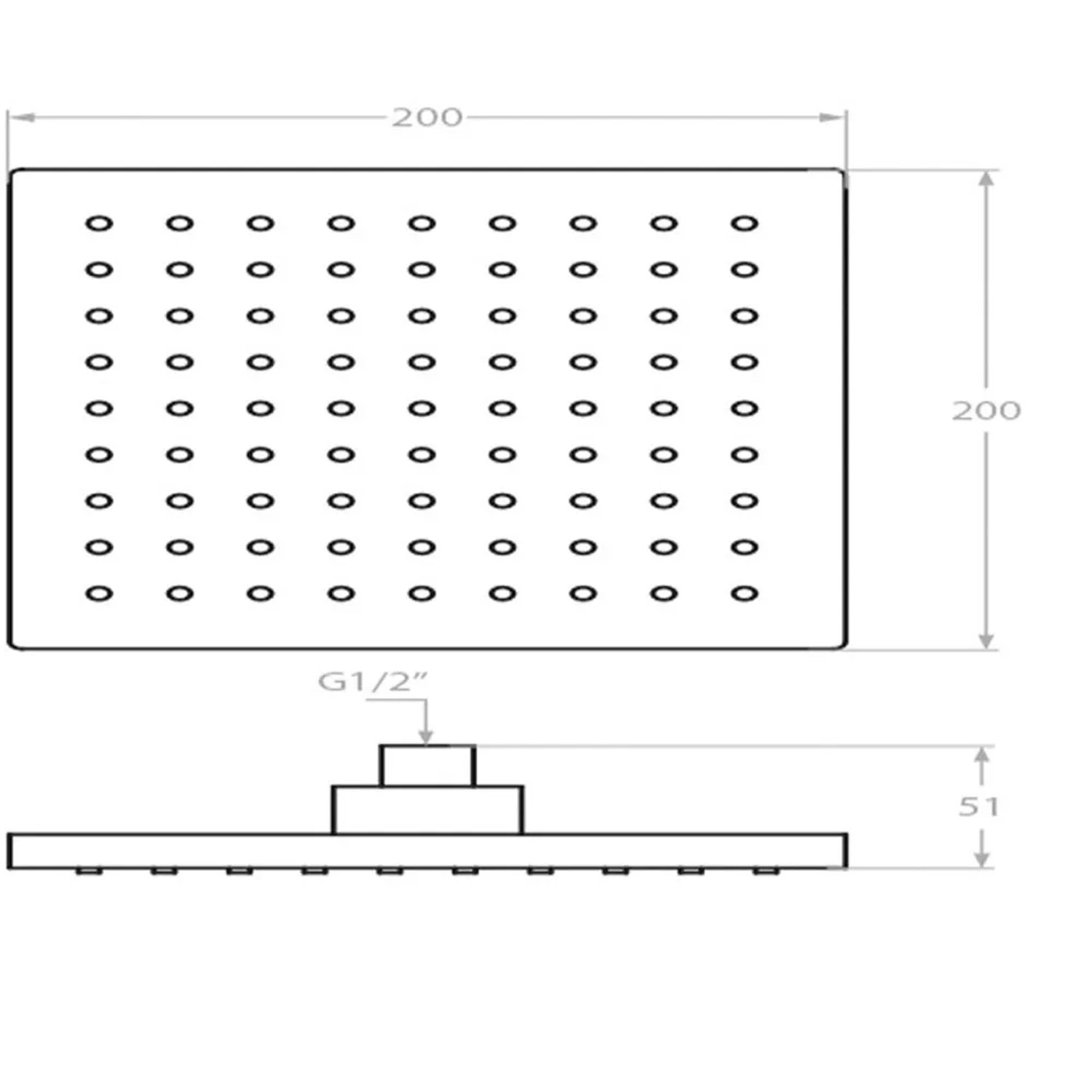 Rysunek techniczny: Głowica prysznicowa t.b.t. o wymiarach 200x200mm i przyłączu G1/2".
