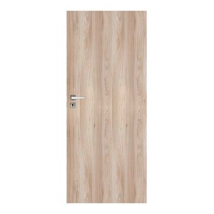 Jasne kolorowe drzwi wewnętrzne z drewnianą teksturą i srebrną klamką.