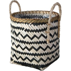 Dekoracyjna osłonka na doniczkę z ziołami, wykonana z plecionego bambusa z uchwytami.