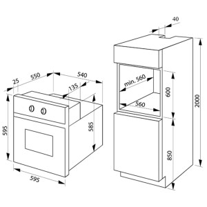 Rysunek wymiarowy piekarnika do zabudowy t.b.t.: Wymiary i wymiary montażowe do planowania kuchni.