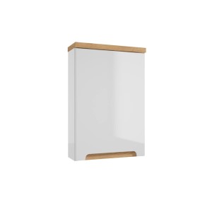 Zestaw mebli łazienkowych t.b.t.: Biała szafka wisząca z drewnianymi akcentami do łazienki.