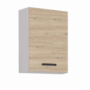 Szafka wisząca zestawu mebli kuchennych, jasne drewno, czarny uchwyt.