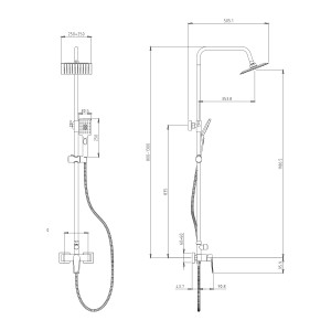 Rysunek techniczny kolumny prysznicowej t.b.t. z wymiarami.