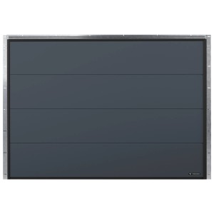 Nowoczesna, szara brama garażowa t.b.t. z poziomą strukturą paneli.