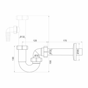 Rysunek techniczny syfonu do zlewu z wymiarami.