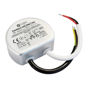 Zasilacz do taśm LED, 15W/12V, z kablami w kolorach czarnym, białym, czerwonym, żółtym i brązowym.