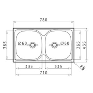 Rysunek techniczny: zlewozmywak t.b.t. ze stali nierdzewnej z dwoma komorami i wymiarami.