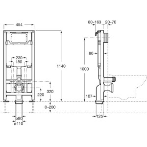 Rysunek techniczny zestawu WC z wymiarami. Szczegóły dotyczące instalacji i pomiarów.