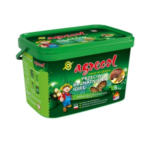 Zielone wiadro nawozu do iglaków Agrecol 5kg zapobiegającego brązowieniu igieł.