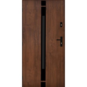 Brązowe drzwi zewnętrzne z czarnymi zdobieniami i klamką.