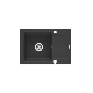 Czarny zlewozmywak granitowy t.b.t. z ociekaczem i okrągłą komorą.