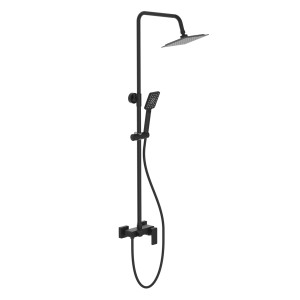 Czarna kolumna prysznicowa t.b.t. z deszczownicą i słuchawką do nowoczesnych łazienek.