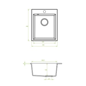 Rysunek techniczny zlewozmywaka granitowego t.b.t. z wymiarami.