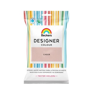 Próbka koloru 'Cheer' Beckers Designer Colour, pastelowa różowa farba do ścian w saszetce testowej.