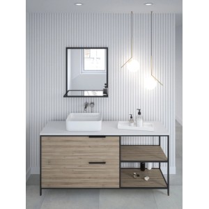 Nowoczesny zestaw mebli łazienkowych z szafką umywalkową, lustrem i dwiema lampami wiszącymi.