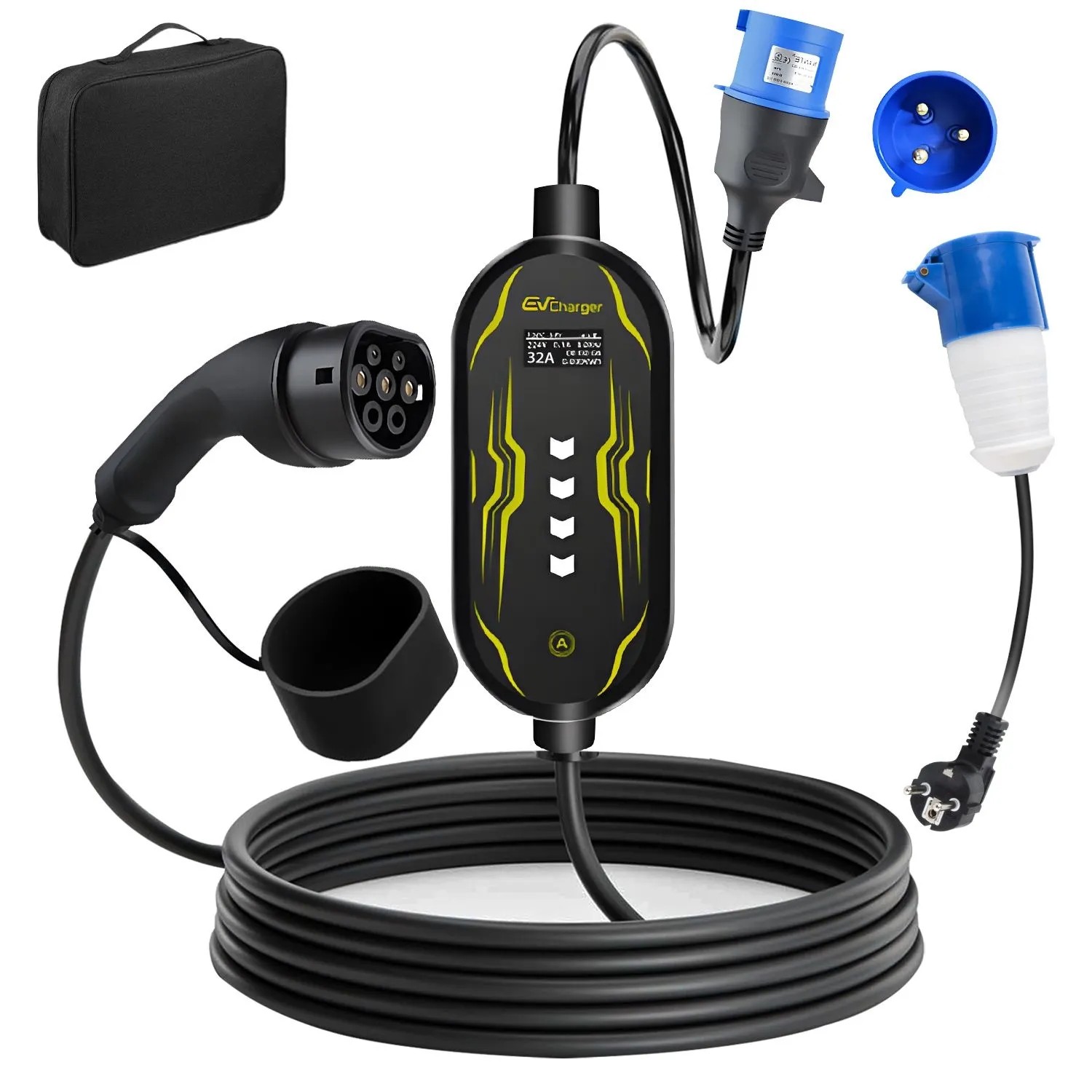 Junsun EV Ładowarka 7 kW 5 m Kabel Typ 2 1-fazowy 6-32A Sterowanie Inteligentną Aplikacją Z Torbą i Adapter