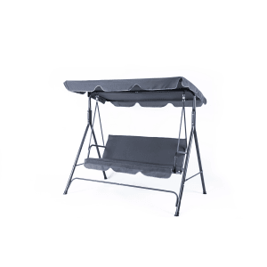 Szara huśtawka ogrodowa z daszkiem do relaksu na świeżym powietrzu.